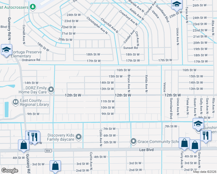 map of restaurants, bars, coffee shops, grocery stores, and more near 3912 13th Street West in Lehigh Acres