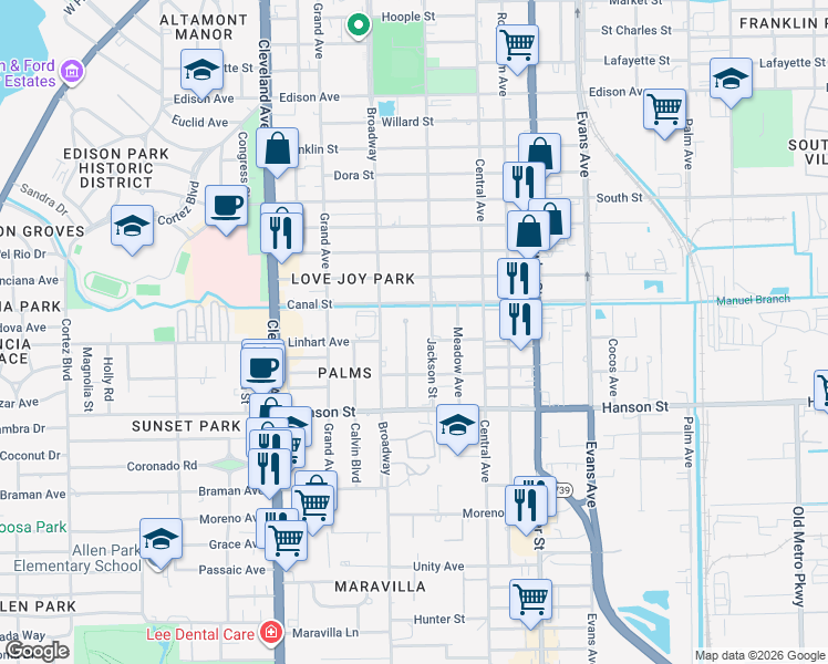map of restaurants, bars, coffee shops, grocery stores, and more near Montclair Avenue in Fort Myers