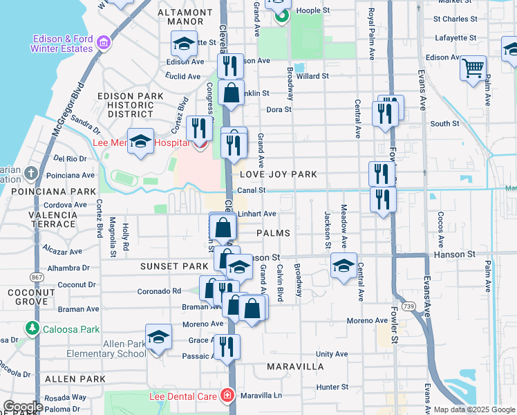 map of restaurants, bars, coffee shops, grocery stores, and more near 2840 Grand Avenue in Fort Myers