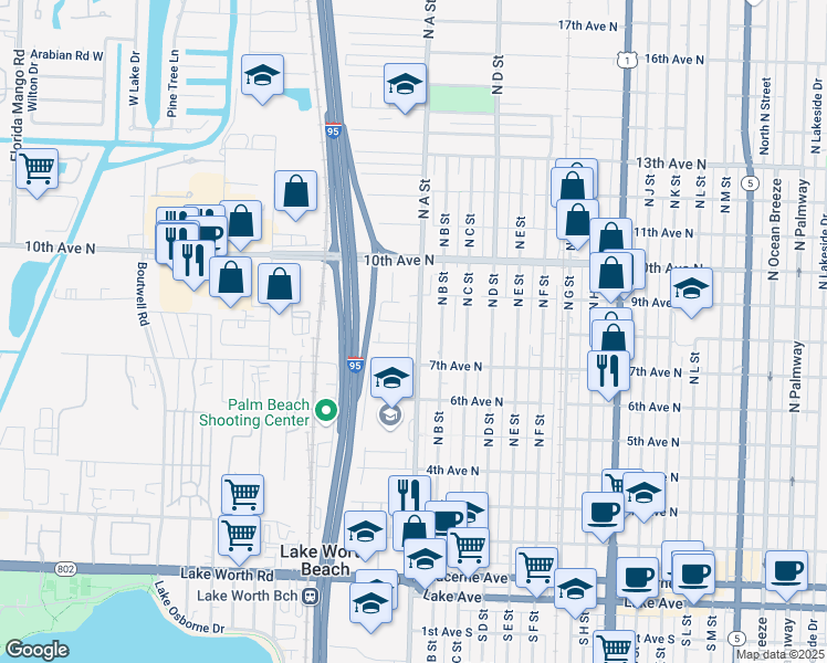 map of restaurants, bars, coffee shops, grocery stores, and more near 1720 Sunset Avenue in Lake Worth