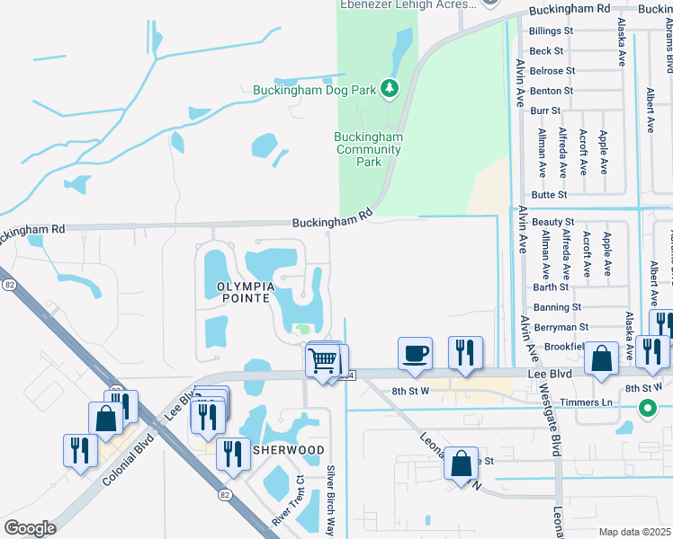 map of restaurants, bars, coffee shops, grocery stores, and more near 8639 Athena Court in Lehigh Acres