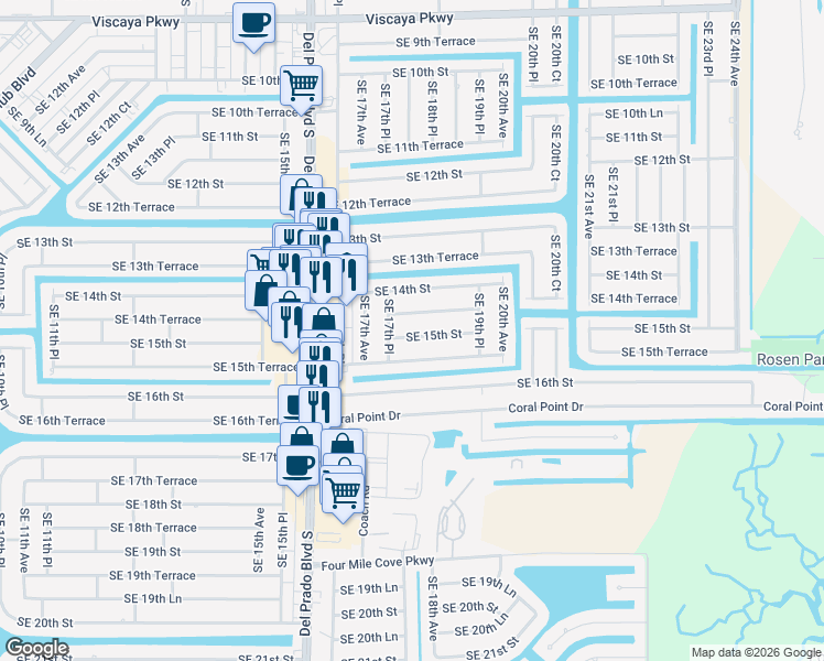 map of restaurants, bars, coffee shops, grocery stores, and more near 1720 Southeast 15th Street in Cape Coral