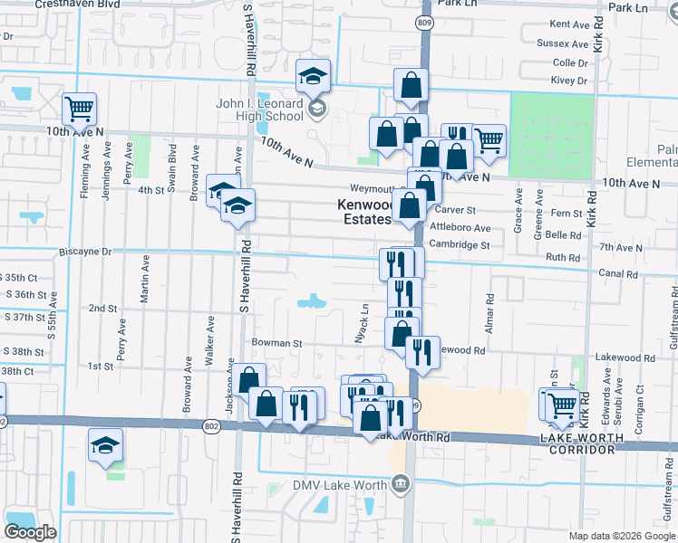map of restaurants, bars, coffee shops, grocery stores, and more near 4693 Todd Street in Lake Worth