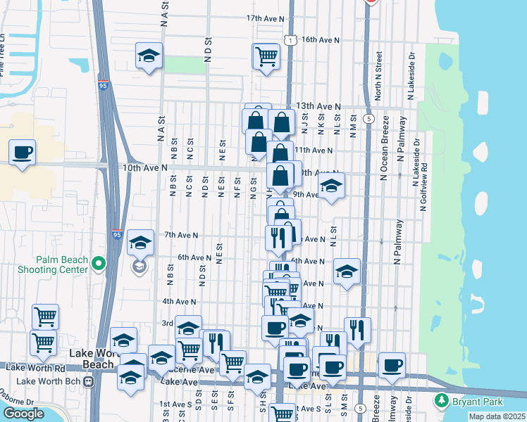 map of restaurants, bars, coffee shops, grocery stores, and more near 726 North H Street in Lake Worth