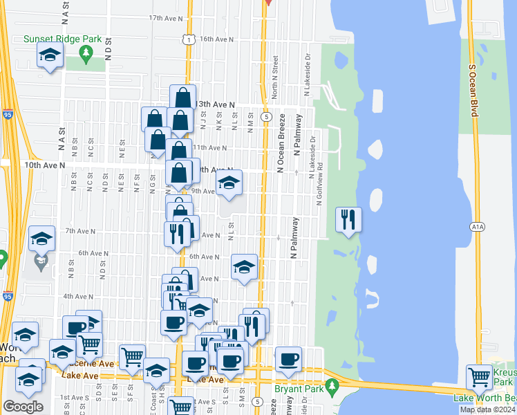 map of restaurants, bars, coffee shops, grocery stores, and more near 800 North Federal Highway in Lake Worth