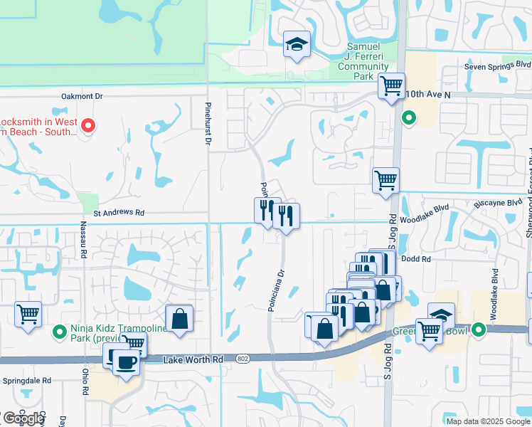 map of restaurants, bars, coffee shops, grocery stores, and more near 3465 Via Poinciana in Lake Worth