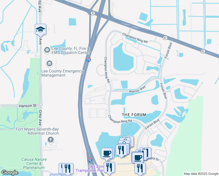 map of restaurants, bars, coffee shops, grocery stores, and more near Warrior Way in Fort Myers