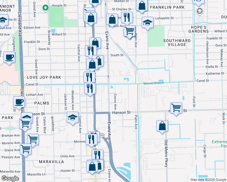 map of restaurants, bars, coffee shops, grocery stores, and more near 2908 Cocos Avenue in Fort Myers