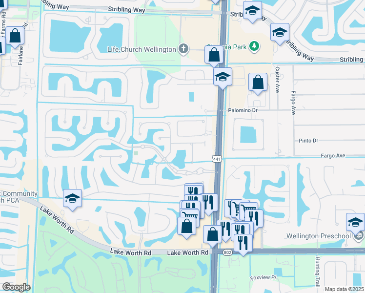 map of restaurants, bars, coffee shops, grocery stores, and more near 10330 Medicis Place in Wellington