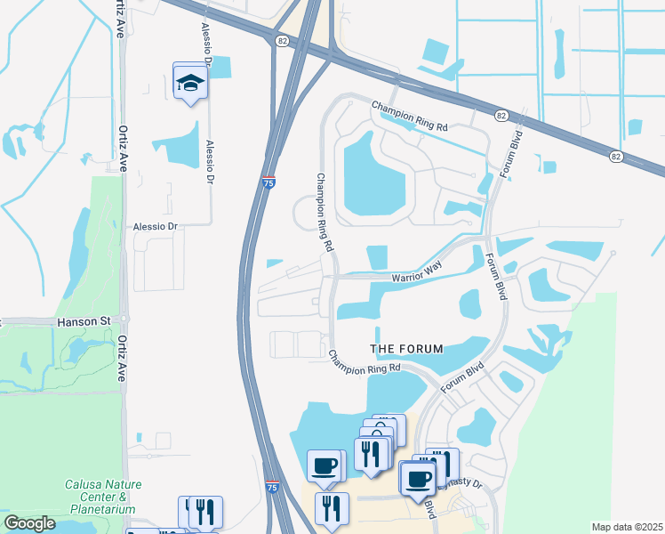 map of restaurants, bars, coffee shops, grocery stores, and more near Warrior Way in Fort Myers
