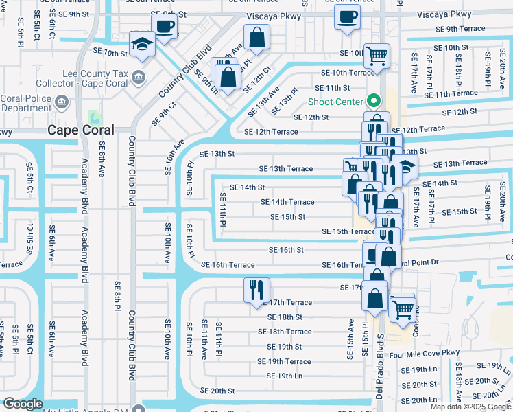 map of restaurants, bars, coffee shops, grocery stores, and more near 1215 Southeast 15th Street in Cape Coral