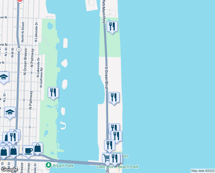 map of restaurants, bars, coffee shops, grocery stores, and more near 2600 South Ocean Boulevard in Palm Beach