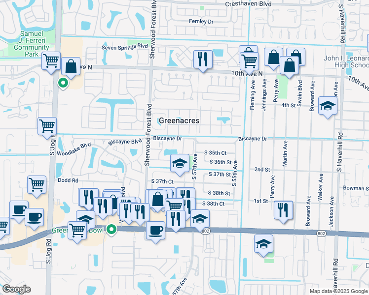 map of restaurants, bars, coffee shops, grocery stores, and more near 5730 Pine Wood Drive in Greenacres