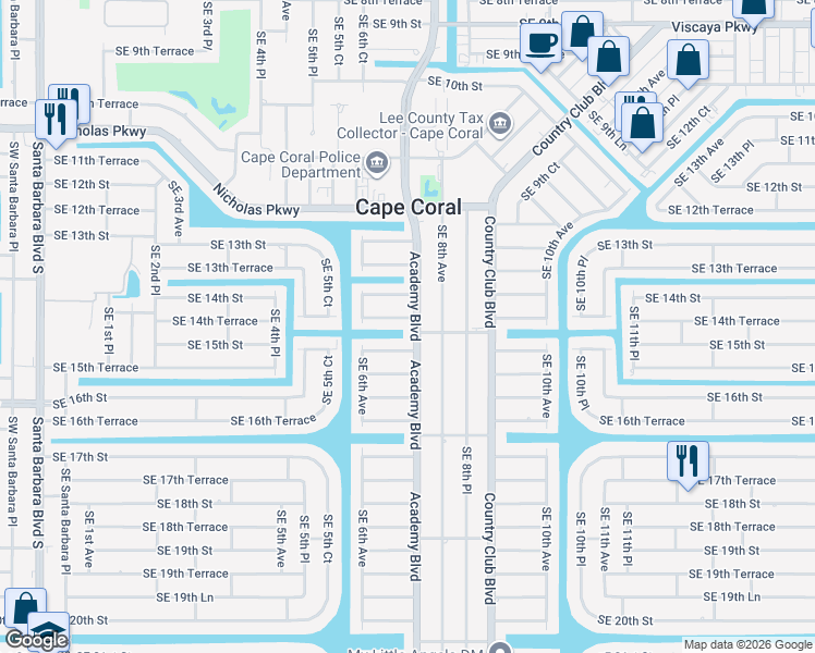 map of restaurants, bars, coffee shops, grocery stores, and more near 621 Southeast 15th Street in Cape Coral