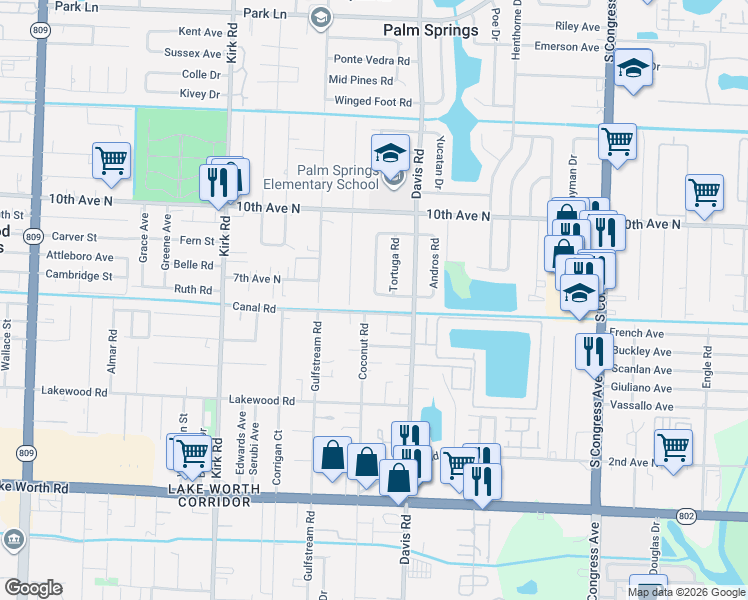 map of restaurants, bars, coffee shops, grocery stores, and more near 3915 Canal Road in Palm Springs