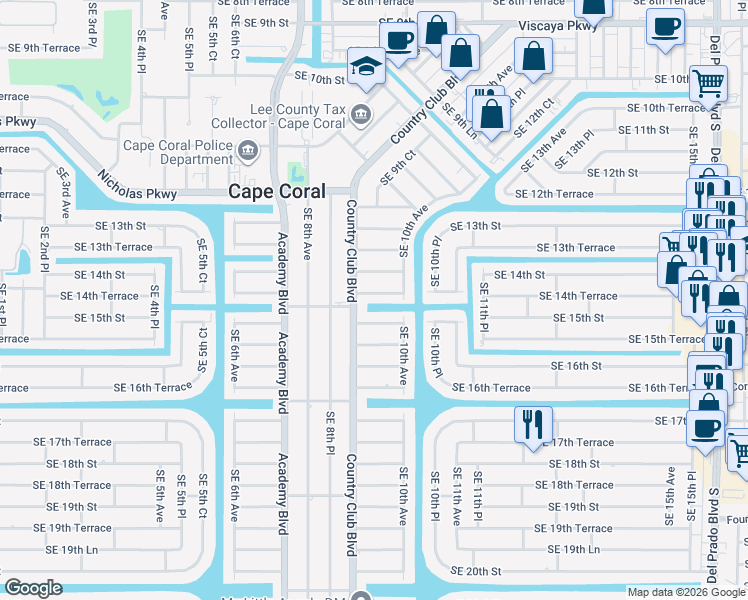 map of restaurants, bars, coffee shops, grocery stores, and more near 911 Southeast 15th Street in Cape Coral