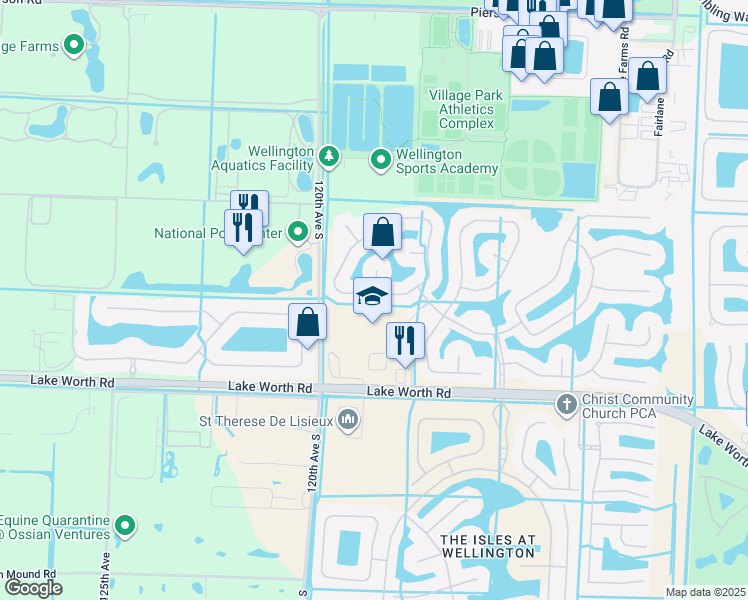map of restaurants, bars, coffee shops, grocery stores, and more near 3796 Miramontes Circle in Wellington