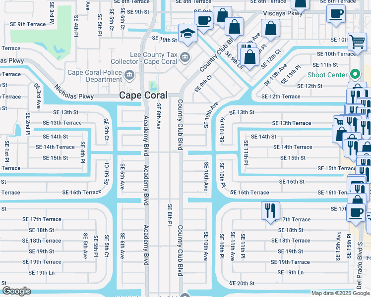 map of restaurants, bars, coffee shops, grocery stores, and more near 1417 Country Club Boulevard in Cape Coral