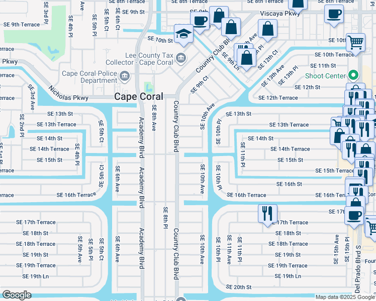 map of restaurants, bars, coffee shops, grocery stores, and more near 911 Southeast 15th Street in Cape Coral