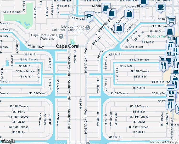 map of restaurants, bars, coffee shops, grocery stores, and more near 911 Southeast 15th Street in Cape Coral