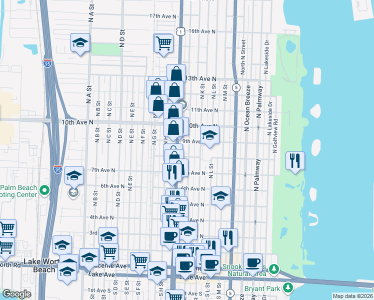 map of restaurants, bars, coffee shops, grocery stores, and more near 803 8th Avenue North in Lake Worth