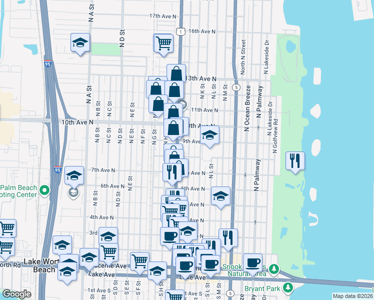 map of restaurants, bars, coffee shops, grocery stores, and more near 803 8th Avenue North in Lake Worth