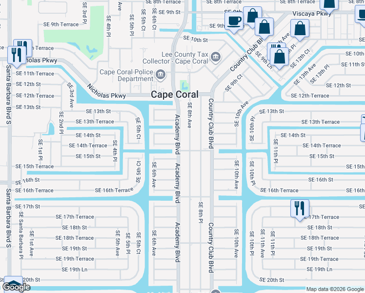 map of restaurants, bars, coffee shops, grocery stores, and more near 1430 Southeast 8th Avenue in Cape Coral