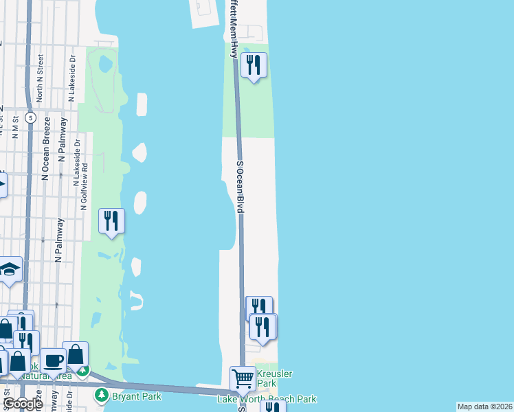 map of restaurants, bars, coffee shops, grocery stores, and more near 2600 South Ocean Boulevard in Palm Beach