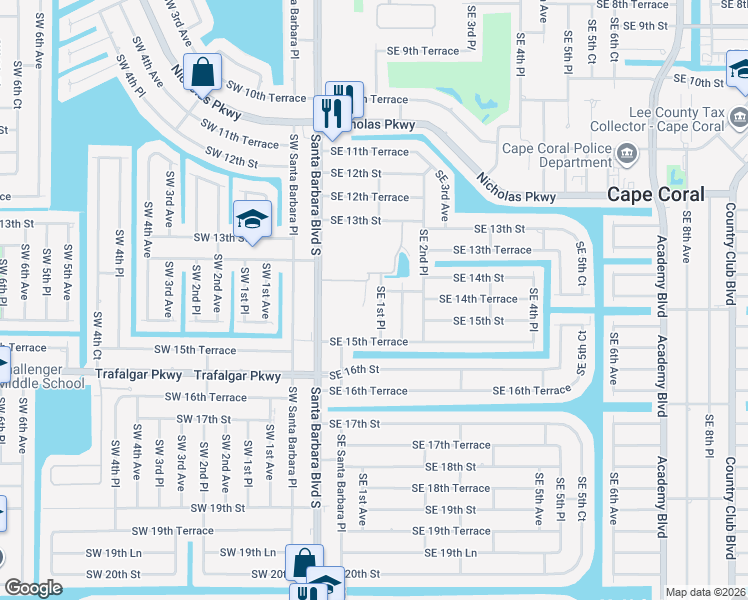 map of restaurants, bars, coffee shops, grocery stores, and more near 1418 Southeast 1st Place in Cape Coral