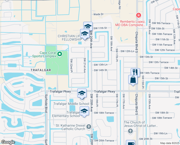 map of restaurants, bars, coffee shops, grocery stores, and more near 1404 Southwest 20th Avenue in Cape Coral