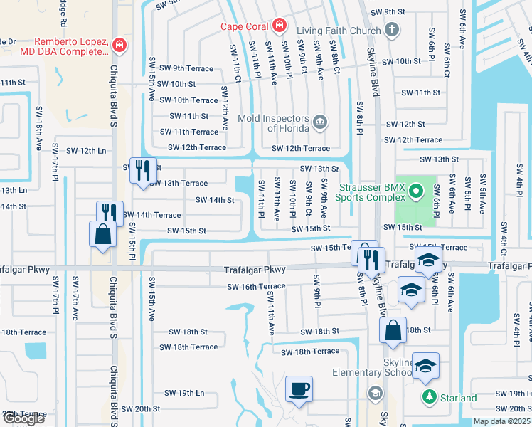 map of restaurants, bars, coffee shops, grocery stores, and more near 1413 Southwest 11th Place in Cape Coral
