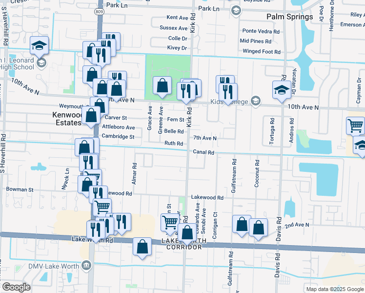 map of restaurants, bars, coffee shops, grocery stores, and more near 4049 Narcissus Avenue in Lake Worth