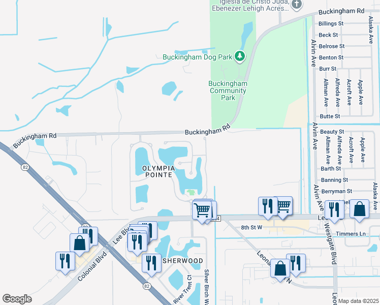 map of restaurants, bars, coffee shops, grocery stores, and more near 11663 Eros Road in Lehigh Acres