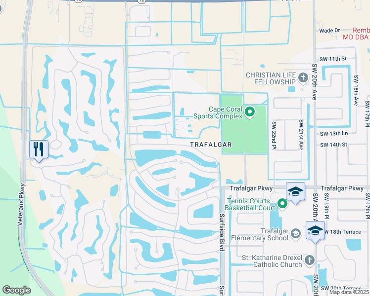 map of restaurants, bars, coffee shops, grocery stores, and more near 2521 Anguilla Drive in Cape Coral