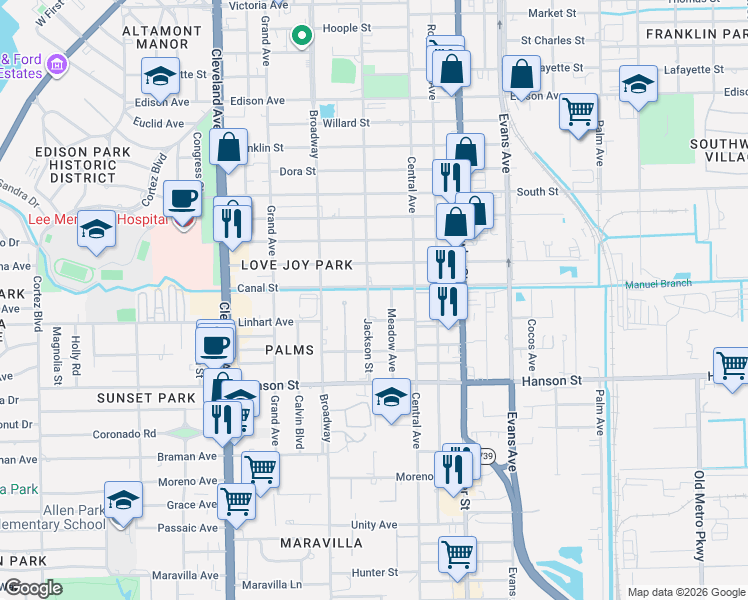 map of restaurants, bars, coffee shops, grocery stores, and more near 2327 Canal Street in Fort Myers