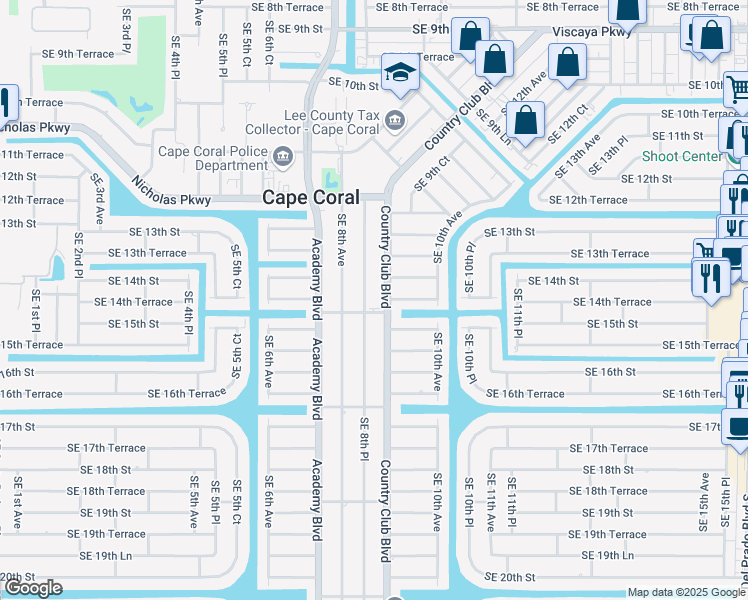map of restaurants, bars, coffee shops, grocery stores, and more near 1403 Southeast 8th Place in Cape Coral