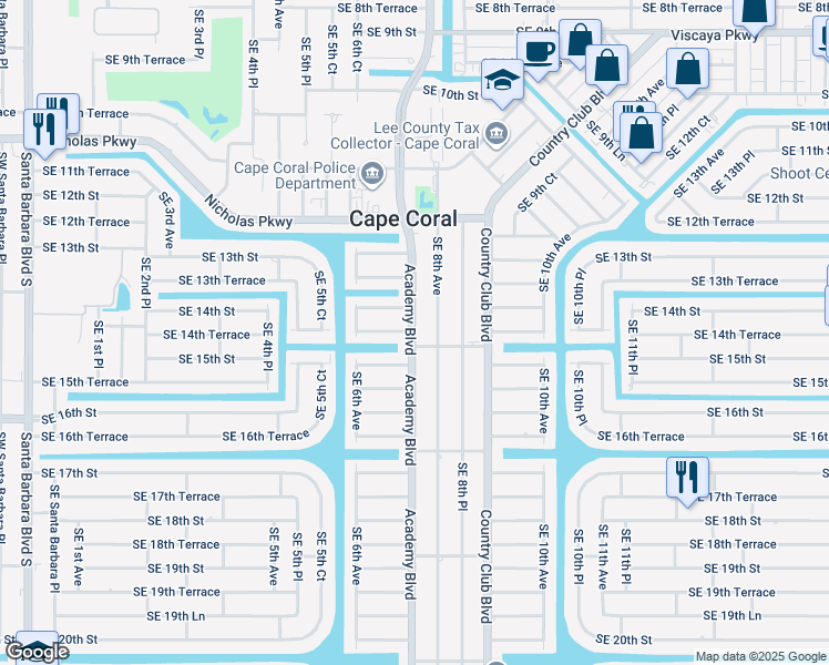 map of restaurants, bars, coffee shops, grocery stores, and more near 624 Southeast 14th Street in Cape Coral