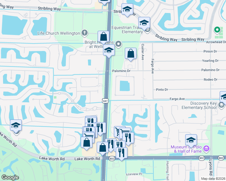 map of restaurants, bars, coffee shops, grocery stores, and more near 3357 Lago De Talavera in Wellington