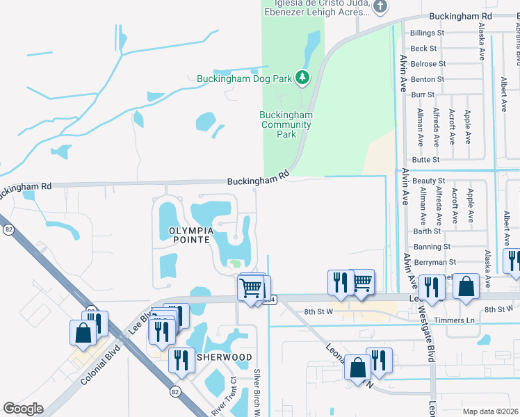 map of restaurants, bars, coffee shops, grocery stores, and more near 8695 Athena Court in Lehigh Acres
