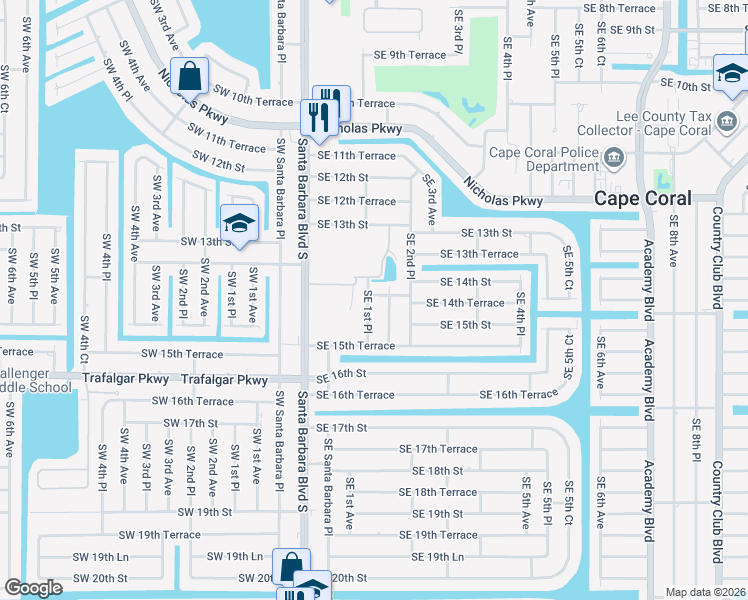 map of restaurants, bars, coffee shops, grocery stores, and more near 1403 Southeast 1st Place in Cape Coral