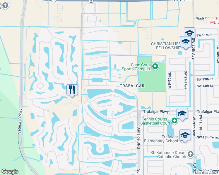 map of restaurants, bars, coffee shops, grocery stores, and more near 2607 Anguilla Drive in Cape Coral
