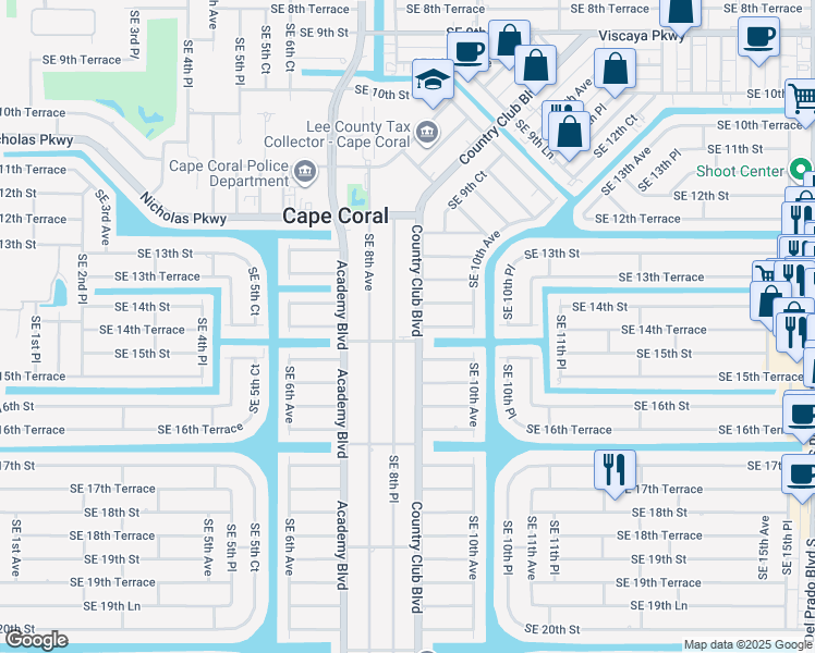 map of restaurants, bars, coffee shops, grocery stores, and more near 1416 Country Club Boulevard in Cape Coral