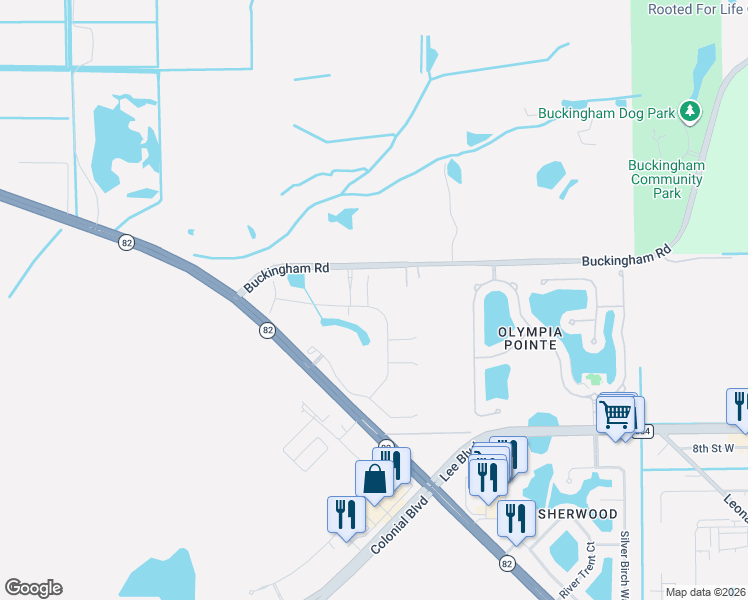 map of restaurants, bars, coffee shops, grocery stores, and more near 10633 Buckingham Road in Fort Myers