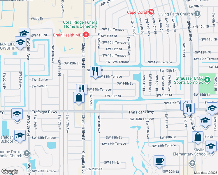 map of restaurants, bars, coffee shops, grocery stores, and more near 1405 Southwest 14th Street in Cape Coral
