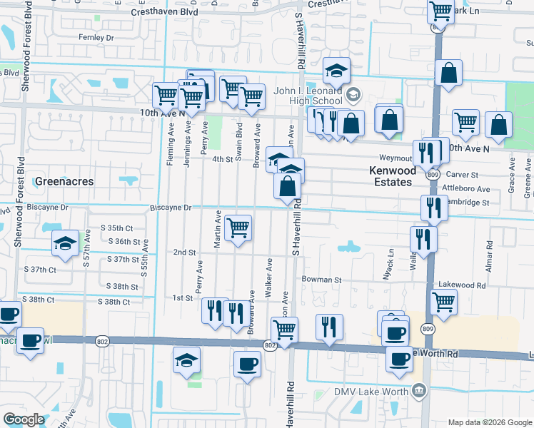 map of restaurants, bars, coffee shops, grocery stores, and more near 364 Walker Avenue in Greenacres