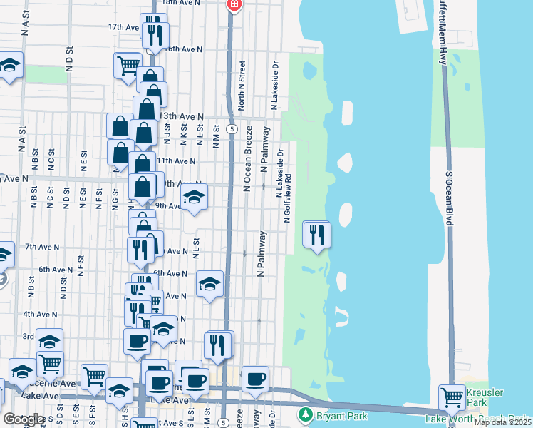 map of restaurants, bars, coffee shops, grocery stores, and more near 826 North Palmway in Lake Worth