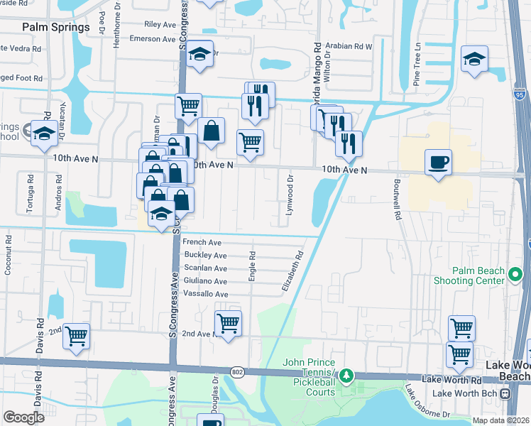 map of restaurants, bars, coffee shops, grocery stores, and more near 2729 Helyn Road in Lake Worth