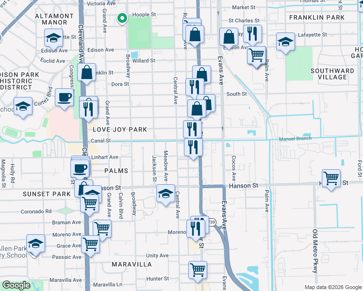 map of restaurants, bars, coffee shops, grocery stores, and more near 2811 Central Avenue in Fort Myers