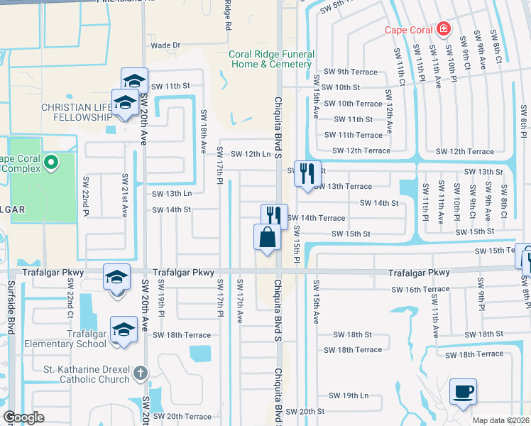 map of restaurants, bars, coffee shops, grocery stores, and more near 1609 Southwest 14th Terrace in Cape Coral