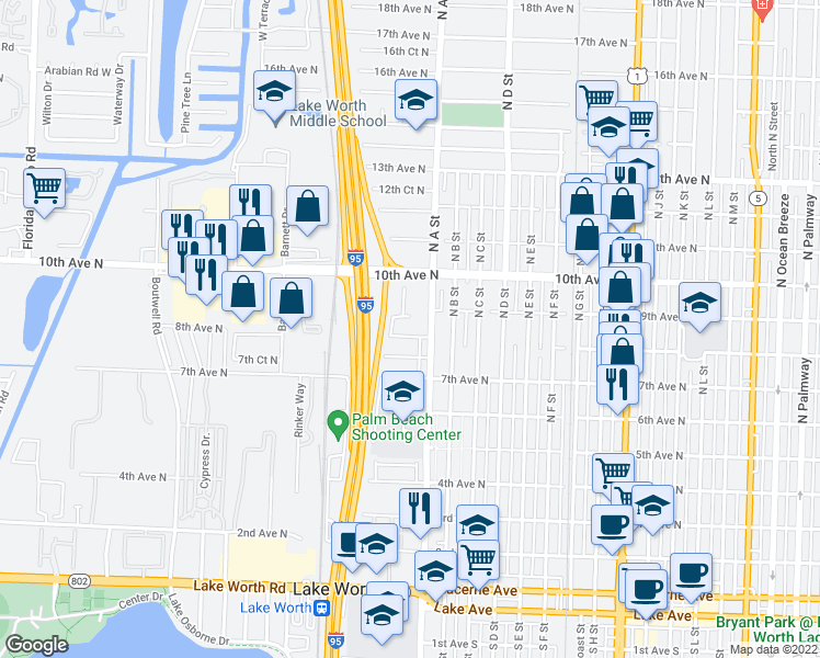 map of restaurants, bars, coffee shops, grocery stores, and more near 1720 Lavue Avenue in Lake Worth